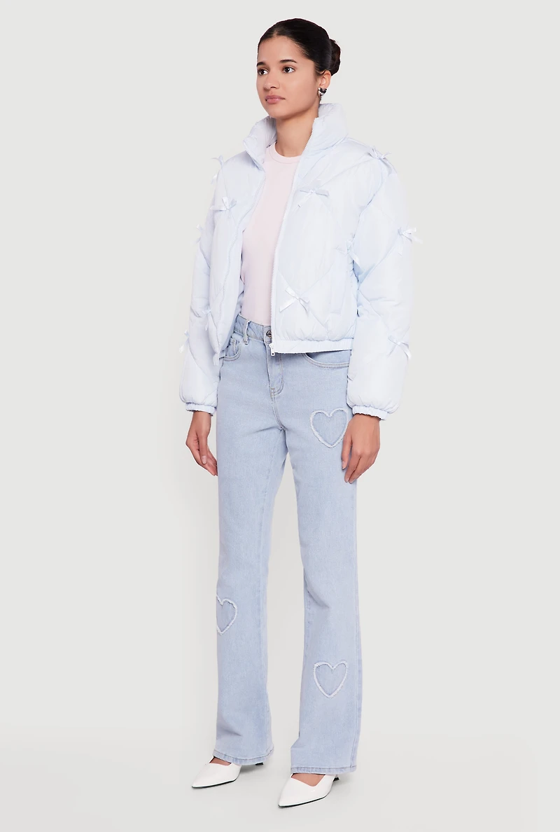 Almost Famous Bow Detail Zip Front Puffer Jacket