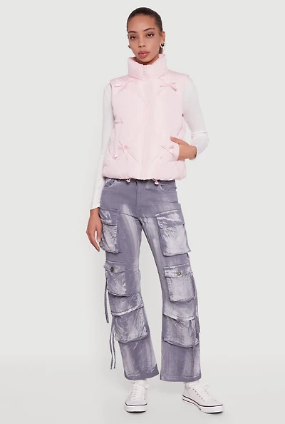 Womens Almost Famous Quilted Puffer Vest with Bows, Pink, Size M