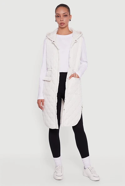 Womens Almost Famous Quilted Hooded Long Puffer Vest, White, Size L