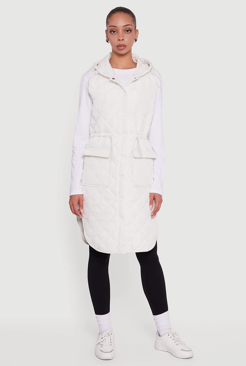 Womens Almost Famous Quilted Hooded Long Puffer Vest, White, Size L