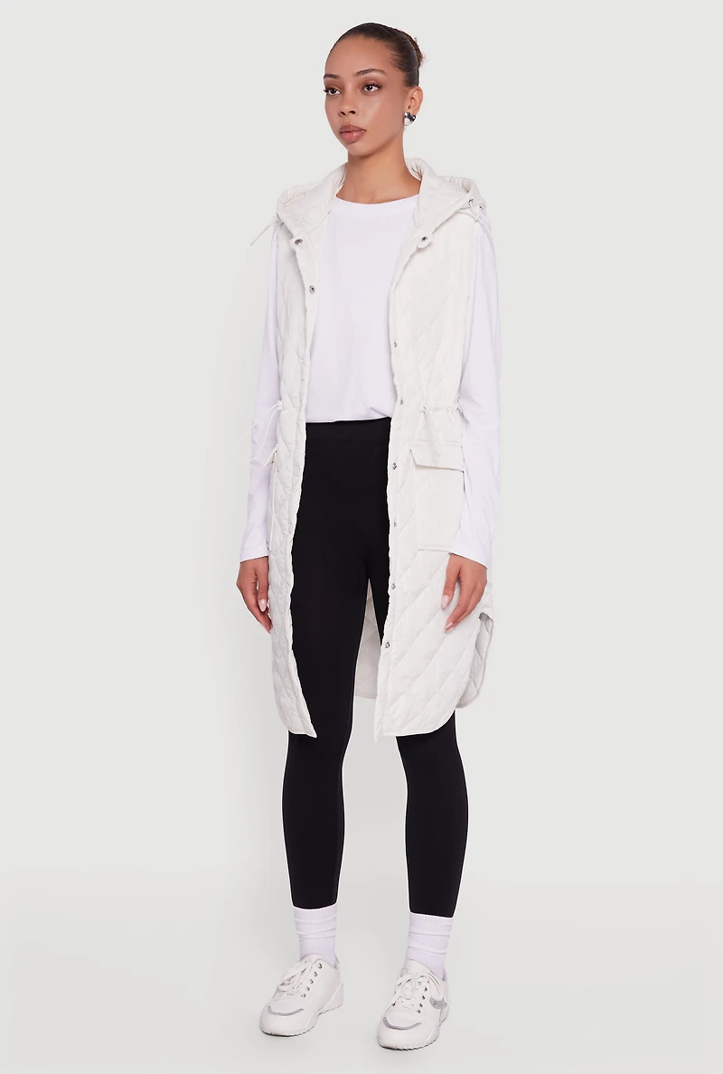 Womens Almost Famous Quilted Hooded Long Puffer Vest, White, Size L