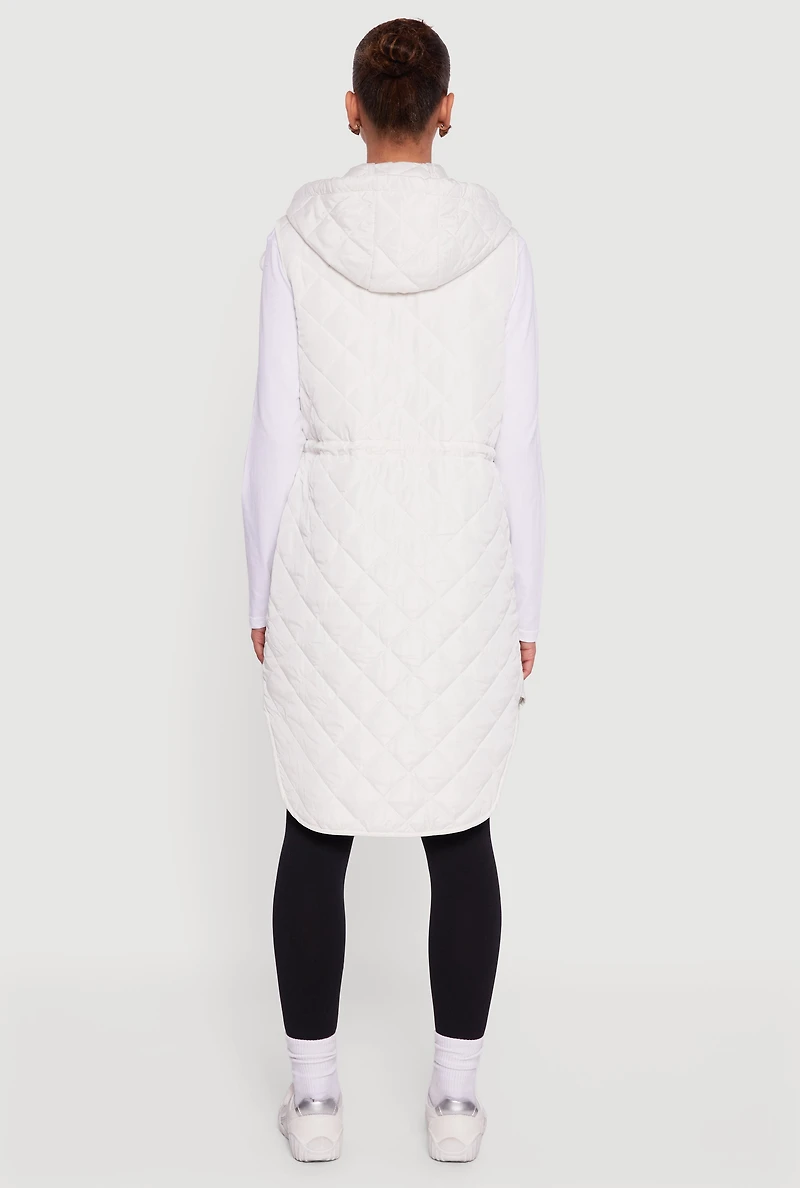 Womens Almost Famous Quilted Hooded Long Puffer Vest, White, Size L