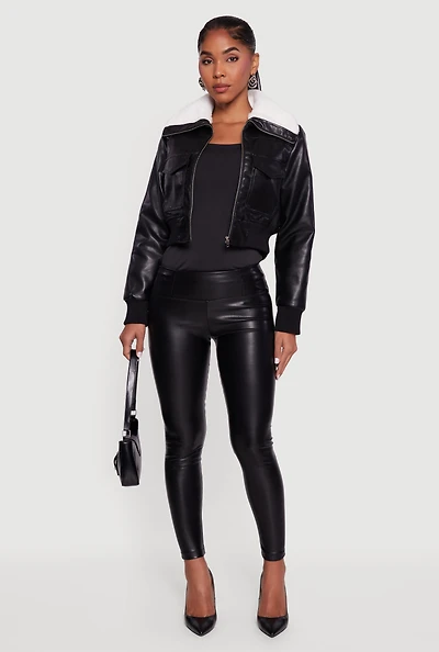 Faux Fur Collar Cropped Leather Jacket