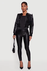 Faux Fur Collar Cropped Leather Jacket