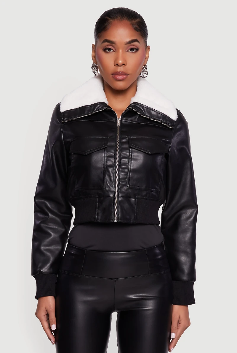 Faux Fur Collar Cropped Leather Jacket