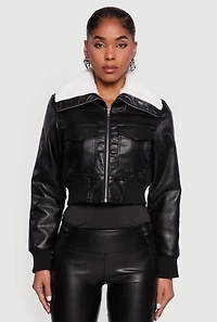 Faux Fur Collar Cropped Leather Jacket