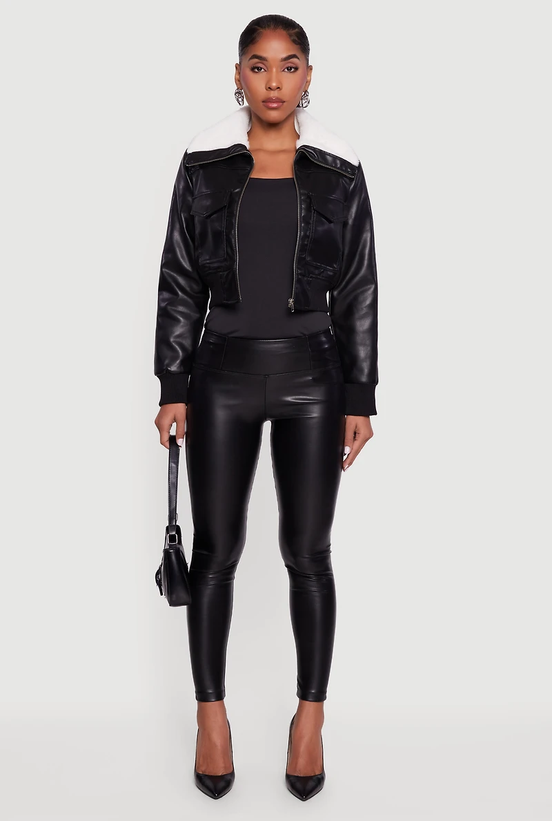 Faux Fur Collar Cropped Leather Jacket
