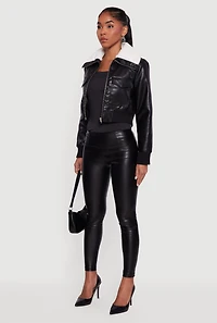 Faux Fur Collar Cropped Leather Jacket