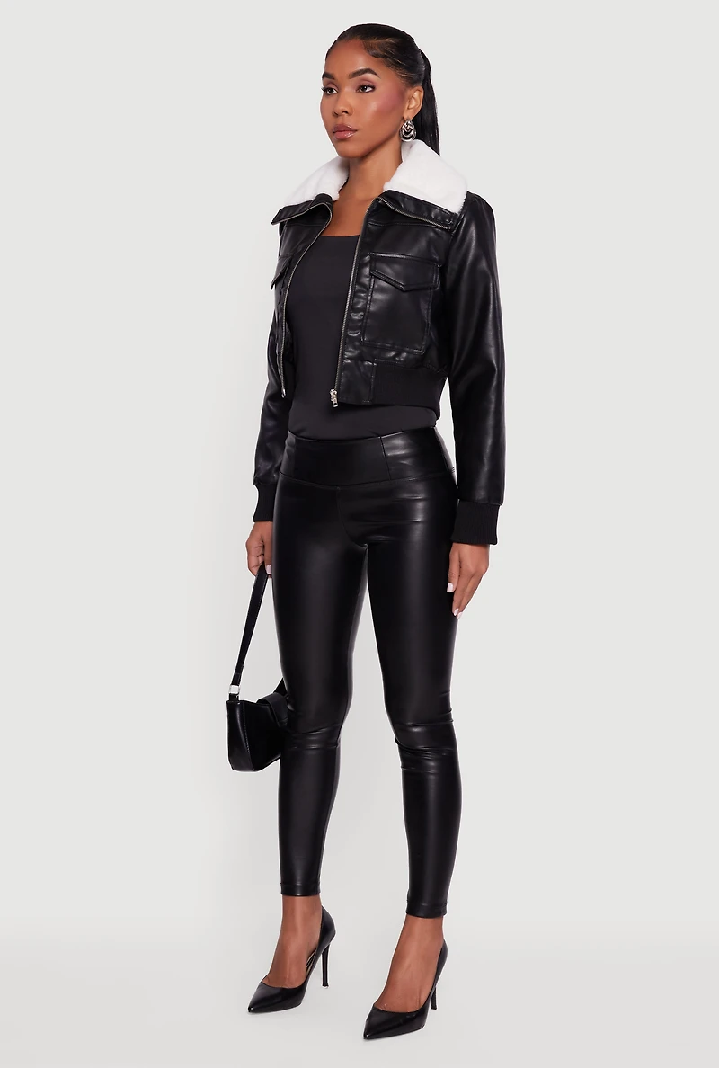 Faux Fur Collar Cropped Leather Jacket