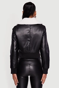 Faux Fur Collar Cropped Leather Jacket