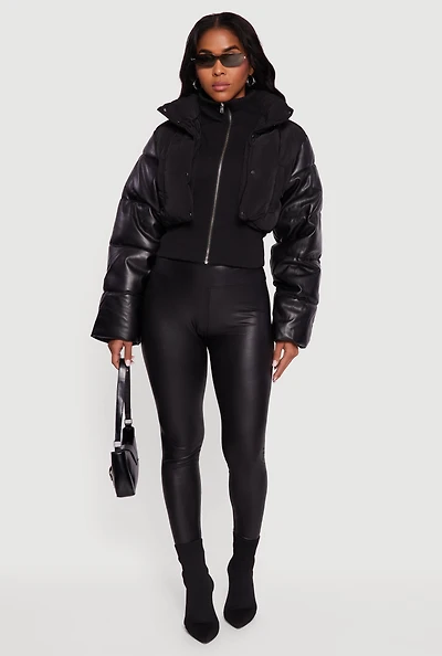 Double Layered Faux Leather Sleeve Mock Neck Puffer Jacket