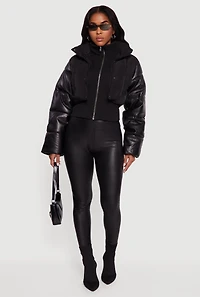 Double Layered Faux Leather Sleeve Mock Neck Puffer Jacket