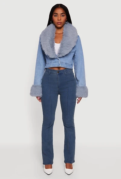 Womens Cropped Denim Jacket with Removable Collar and Cuffs,