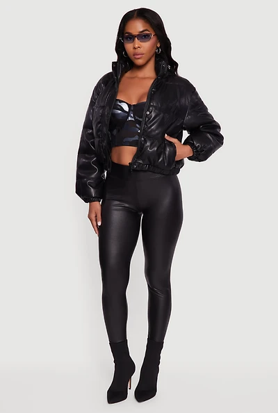 Womens Faux Leather Snap Button Detail Zip Front Puffer Jacket, Black,