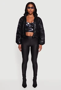 Womens Faux Leather Snap Button Detail Zip Front Puffer Jacket, Black, Size S