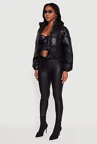 Womens Faux Leather Snap Button Detail Zip Front Puffer Jacket, Black, Size S