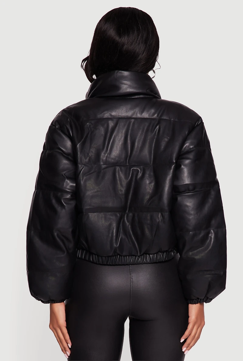 Faux Leather Snap Button Detail Zip Front Puffer Jacket