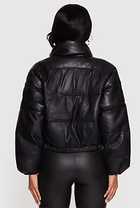 Faux Leather Snap Button Detail Zip Front Puffer Jacket