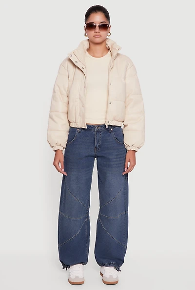 Womens Faux Leather Snap Button Detail Zip Front Puffer Jacket, Beige, Size L