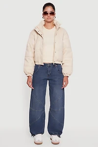 Womens Faux Leather Snap Button Detail Zip Front Puffer Jacket, Beige, Size L