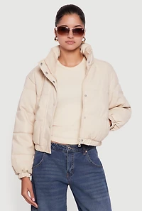 Womens Faux Leather Snap Button Detail Zip Front Puffer Jacket, Beige, Size L