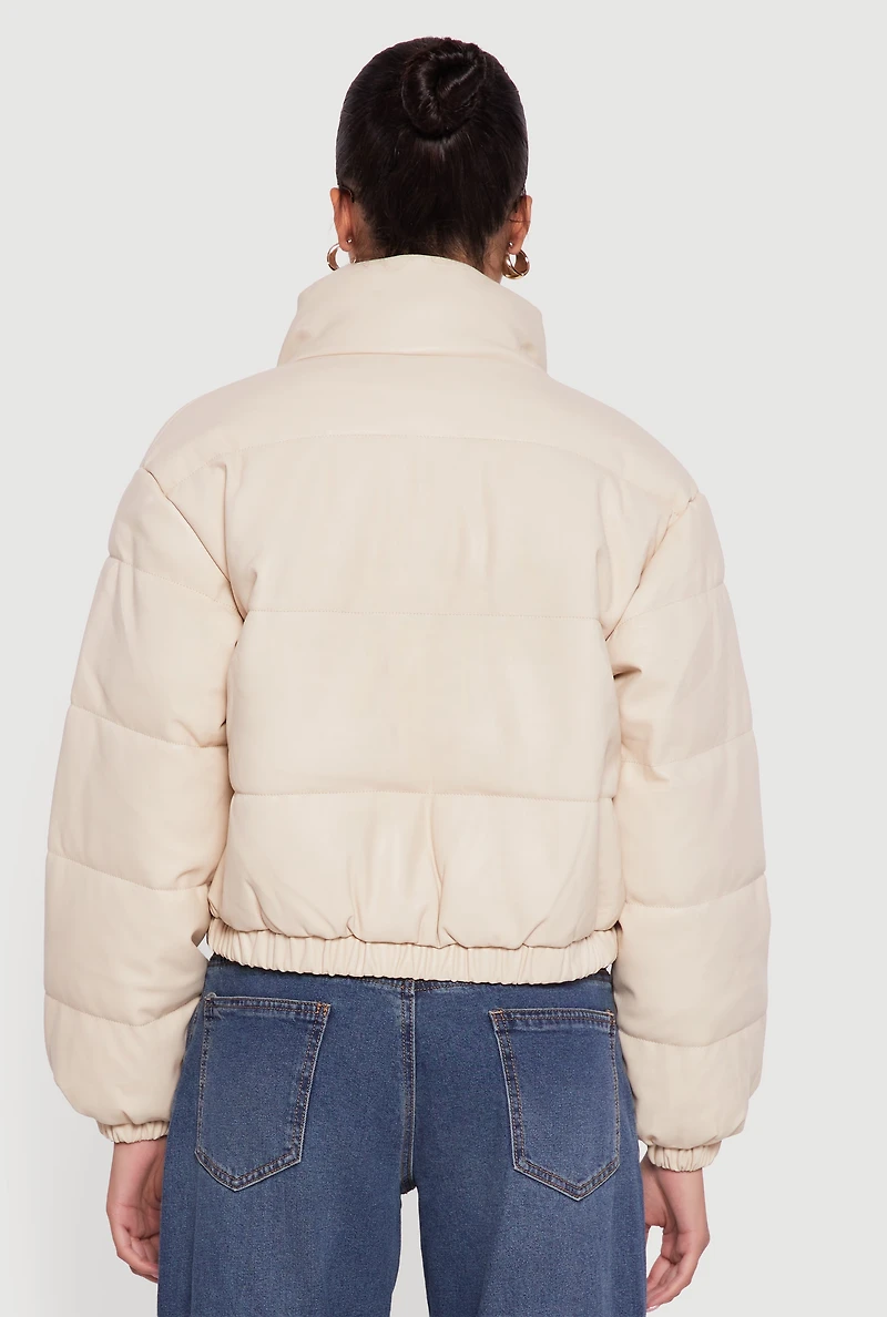 Womens Faux Leather Snap Button Detail Zip Front Puffer Jacket, Beige, Size L