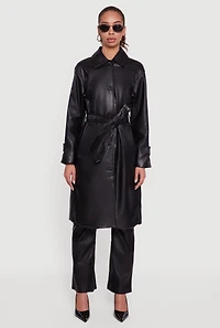 Faux Leather Button Front Trench Coat with Tie Waist Belt