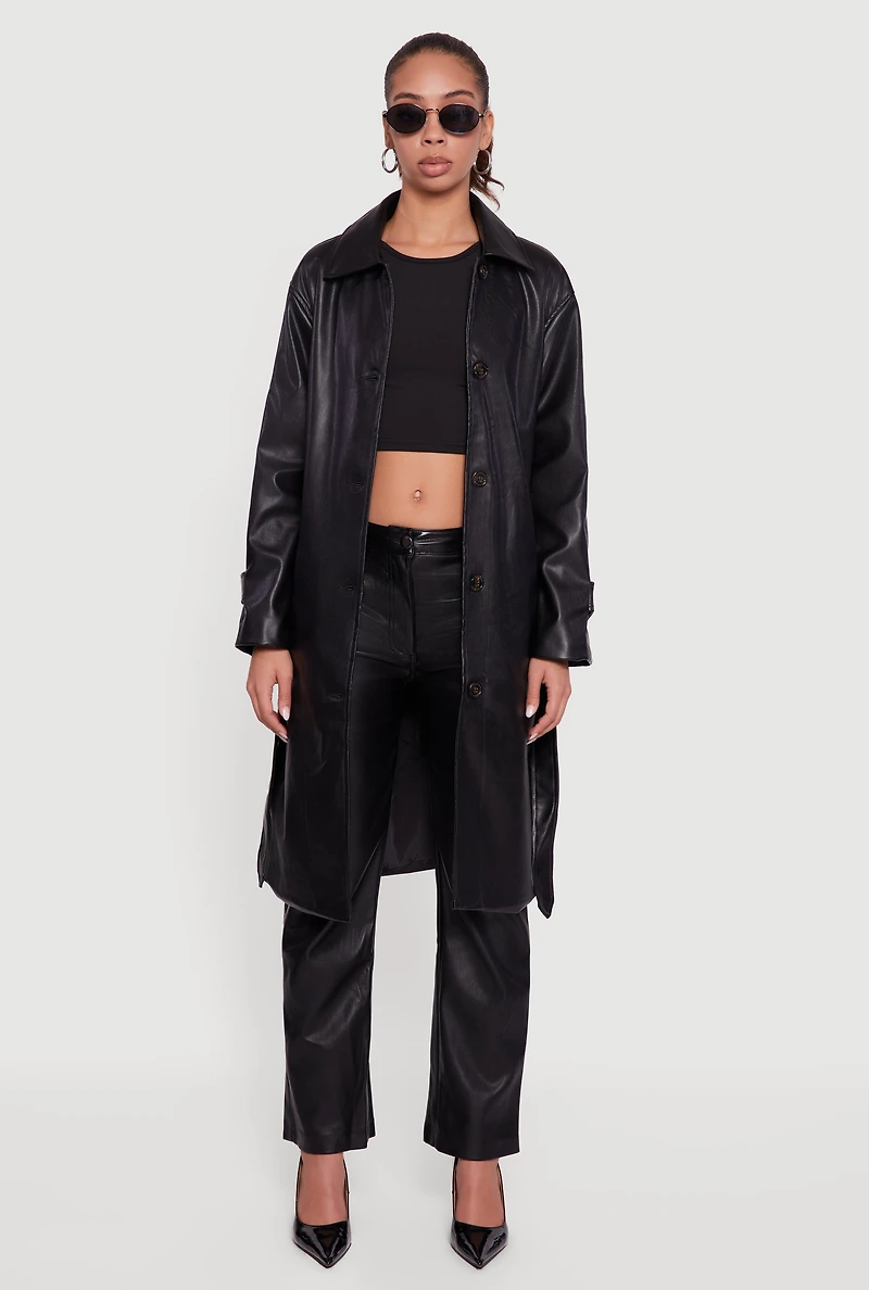 Womens Faux Leather Button Front Trench Coat with Tie Waist Belt, Black, Size XL