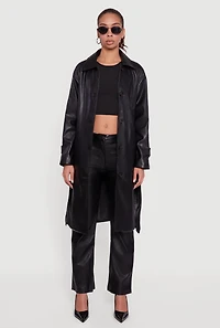 Womens Faux Leather Button Front Trench Coat with Tie Waist Belt, Black, Size XL