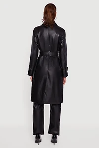 Womens Faux Leather Button Front Trench Coat with Tie Waist Belt, Black, Size XL