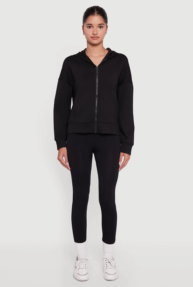 Womens Drop Shoulder Long Sleeve Zip Front Hoodie,