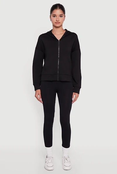 Womens Drop Shoulder Long Sleeve Zip Front Hoodie,