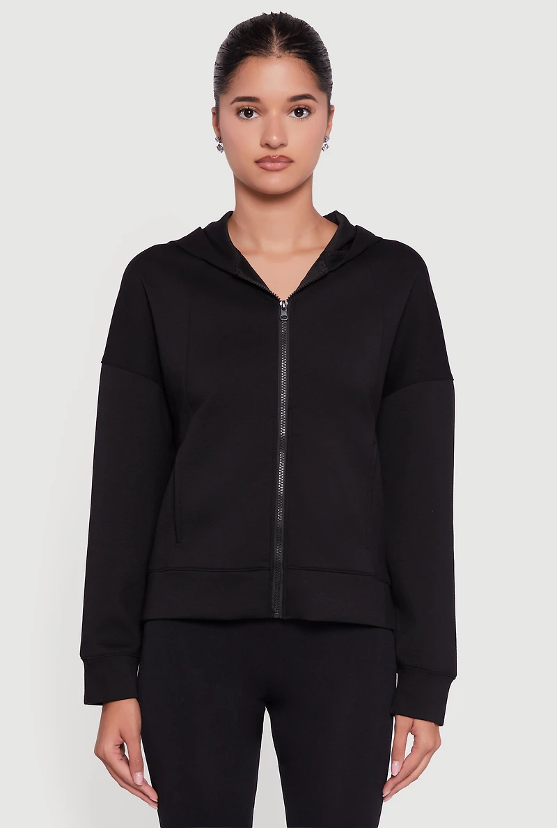 Womens Drop Shoulder Long Sleeve Zip Front Hoodie,