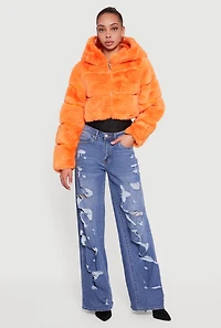 Womens Faux Fur Cropped Hooded Jacket,