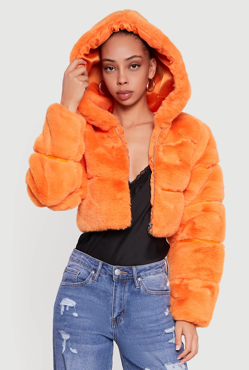 Womens Faux Fur Cropped Hooded Jacket,