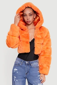 Womens Faux Fur Cropped Hooded Jacket,
