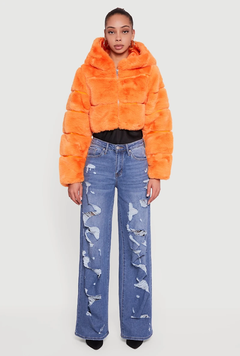 Womens Faux Fur Cropped Hooded Jacket,