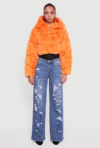 Womens Faux Fur Cropped Hooded Jacket,