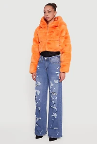 Womens Faux Fur Cropped Hooded Jacket,