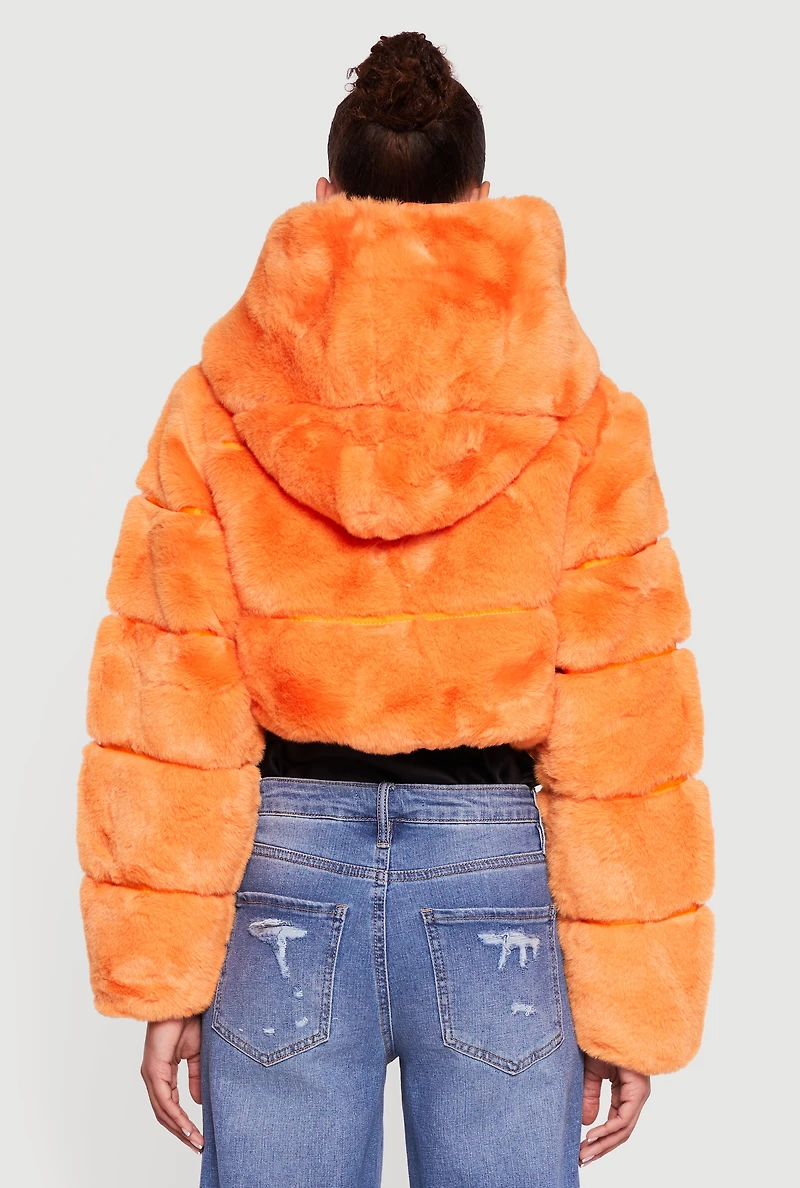 Womens Faux Fur Cropped Hooded Jacket,