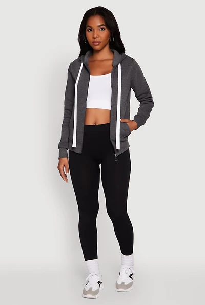 Womens Zip Front Fleece Long Sleeve Hoodie, Grey, Size L