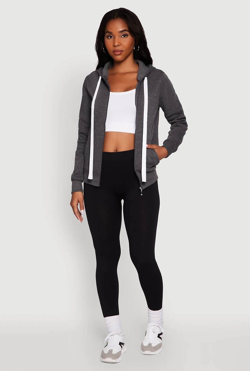 Womens Zip Front Fleece Long Sleeve Hoodie, Grey, Size M