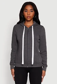 Womens Zip Front Fleece Long Sleeve Hoodie, Grey, Size L