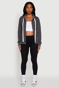 Womens Zip Front Fleece Long Sleeve Hoodie, Grey, Size L