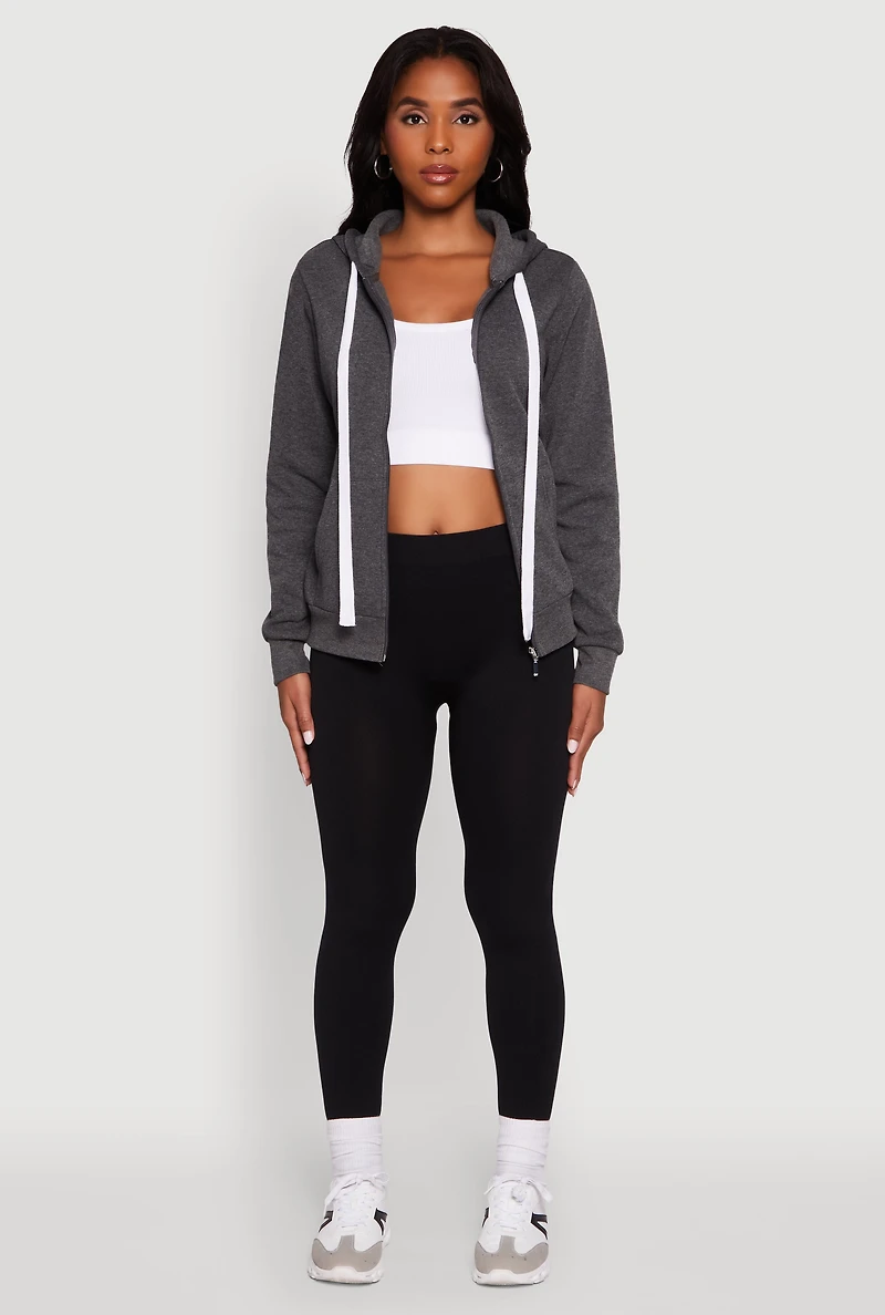 Womens Zip Front Fleece Long Sleeve Hoodie, Grey, Size M