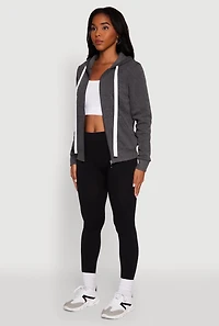 Womens Zip Front Fleece Long Sleeve Hoodie, Grey, Size L
