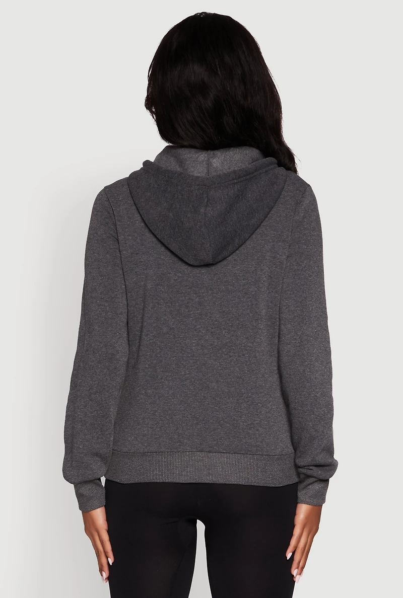 Womens Zip Front Fleece Long Sleeve Hoodie, Grey, Size M