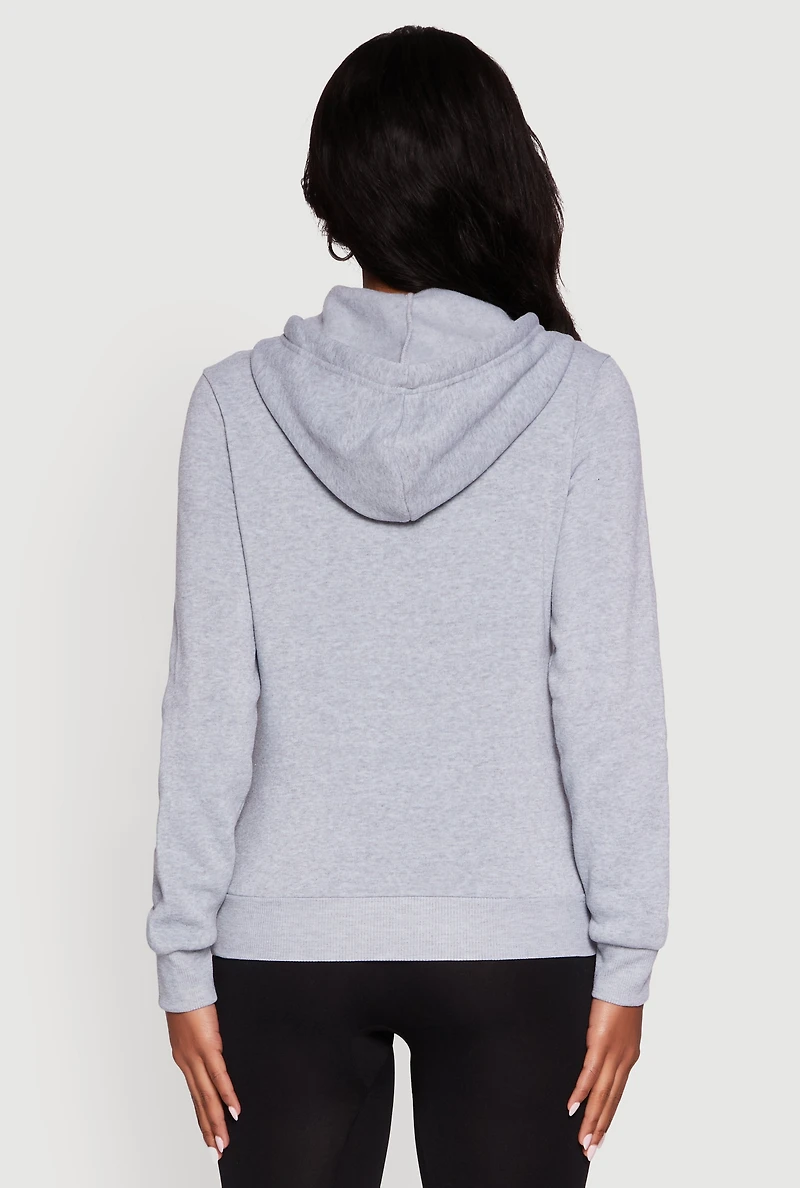 Womens Zip Front Fleece Long Sleeve Hoodie, Grey, Size S