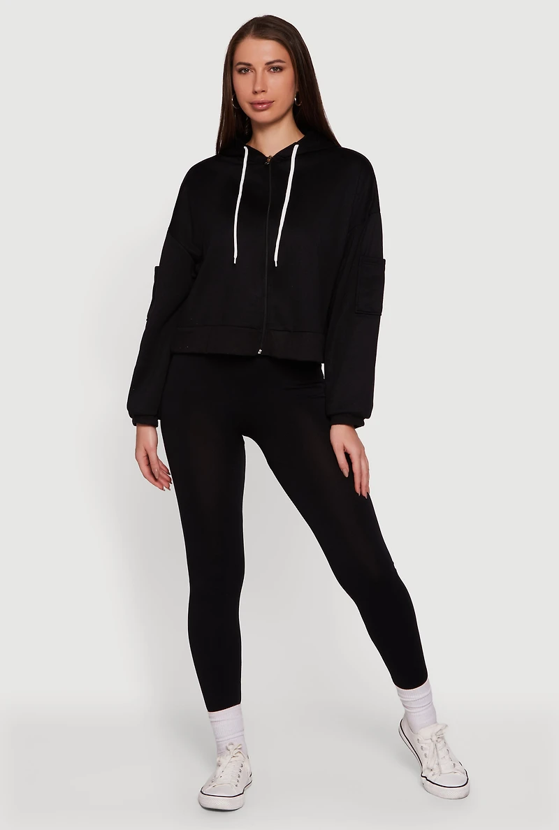 Womens Drop Shoulder Zip Front Hooded Sweatshirt, Black,