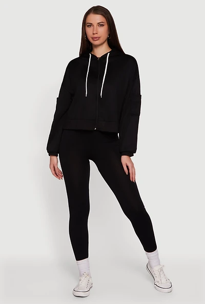 Womens Drop Shoulder Zip Front Hooded Sweatshirt, Black,